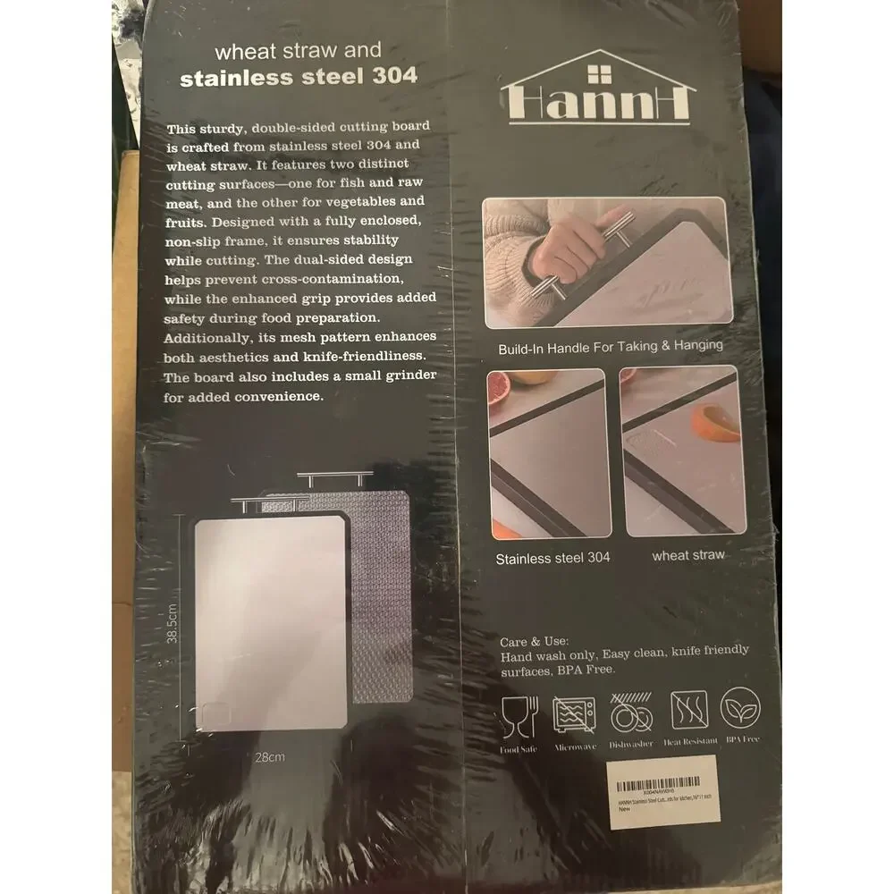 HANNH Stainless Steel 304 Cutting Board Double Sided Wheat Straw NEW Sealed